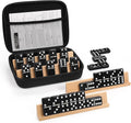 Juego de dominó jumbo para adultos con 4 bastidores de madera/bandejas, juego de viaje de 6 dominó dobles con funda portátil, juego de dominó doble de seis con 4 soportes para azulejos, juego de dominó de 28 azulejos para juegos de mesa familiares