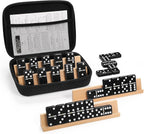Juego de dominó jumbo para adultos con 4 bastidores de madera/bandejas, juego de viaje de 6 dominó dobles con funda portátil, juego de dominó doble de seis con 4 soportes para azulejos, juego de dominó de 28 azulejos para juegos de mesa familiares