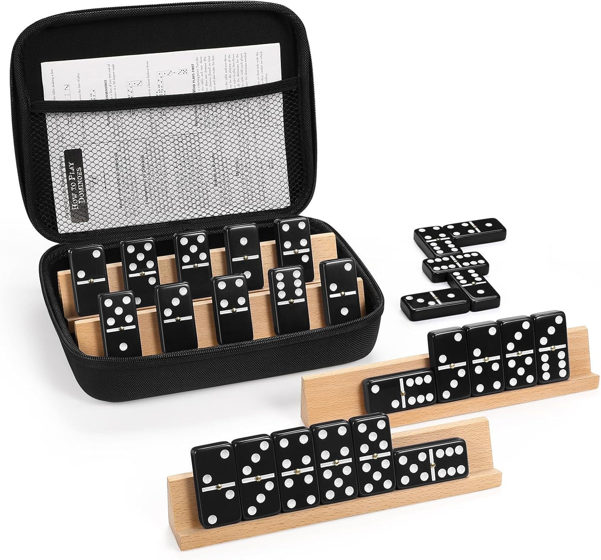Juego de dominó jumbo para adultos con 4 bastidores de madera/bandejas, juego de viaje de 6 dominó dobles con funda portátil, juego de dominó doble de seis con 4 soportes para azulejos, juego de dominó de 28 azulejos para juegos de mesa familiares