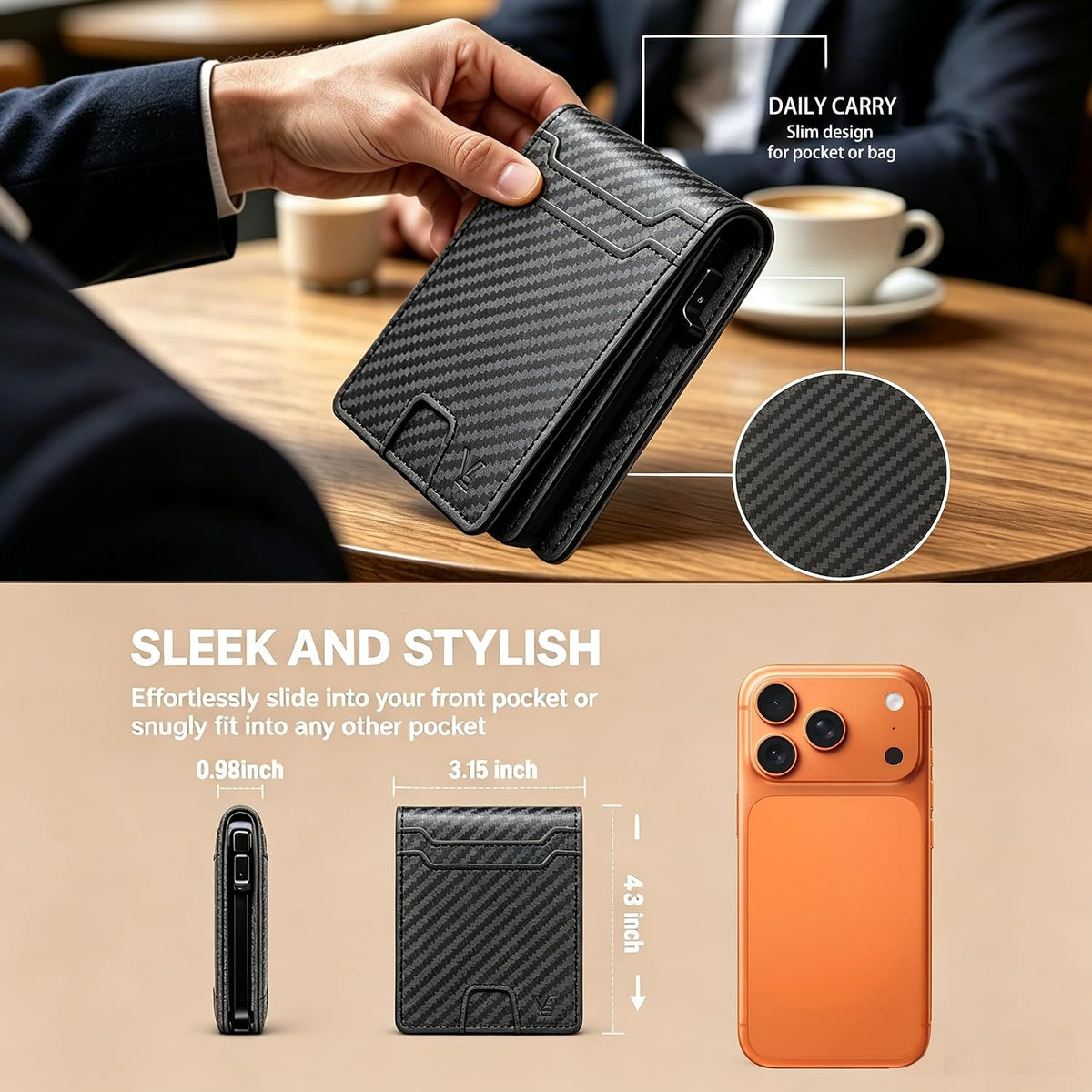 Cartera para hombre, con funda de metal, inteligente, delgada, con cierre magnético, 14-16 tarjetas, billetera triple de cuero con bloqueo RFID, bolsillo frontal