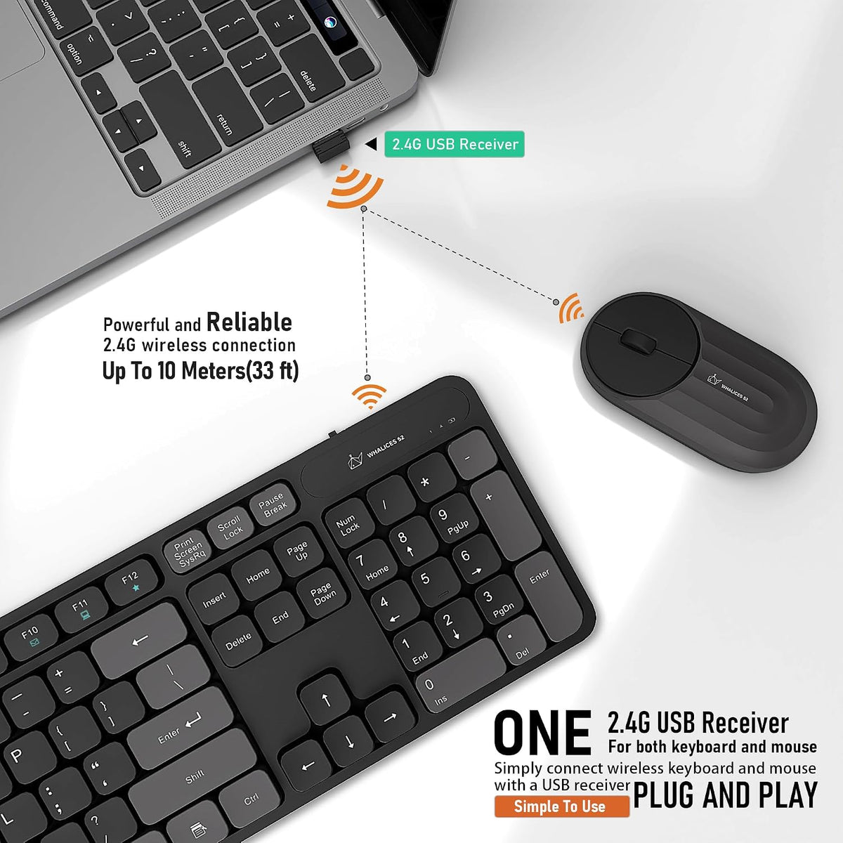 Whalices 52 Combo de teclado y mouse inalámbricos, teclas planas gr...