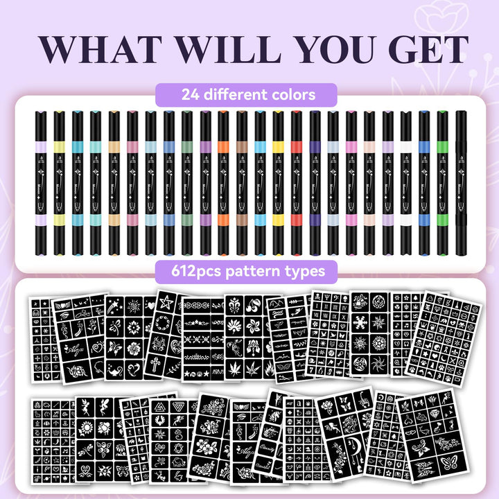 Marcadores temporales de tatuajes para piel, kit de tatuajes, 24 ma...