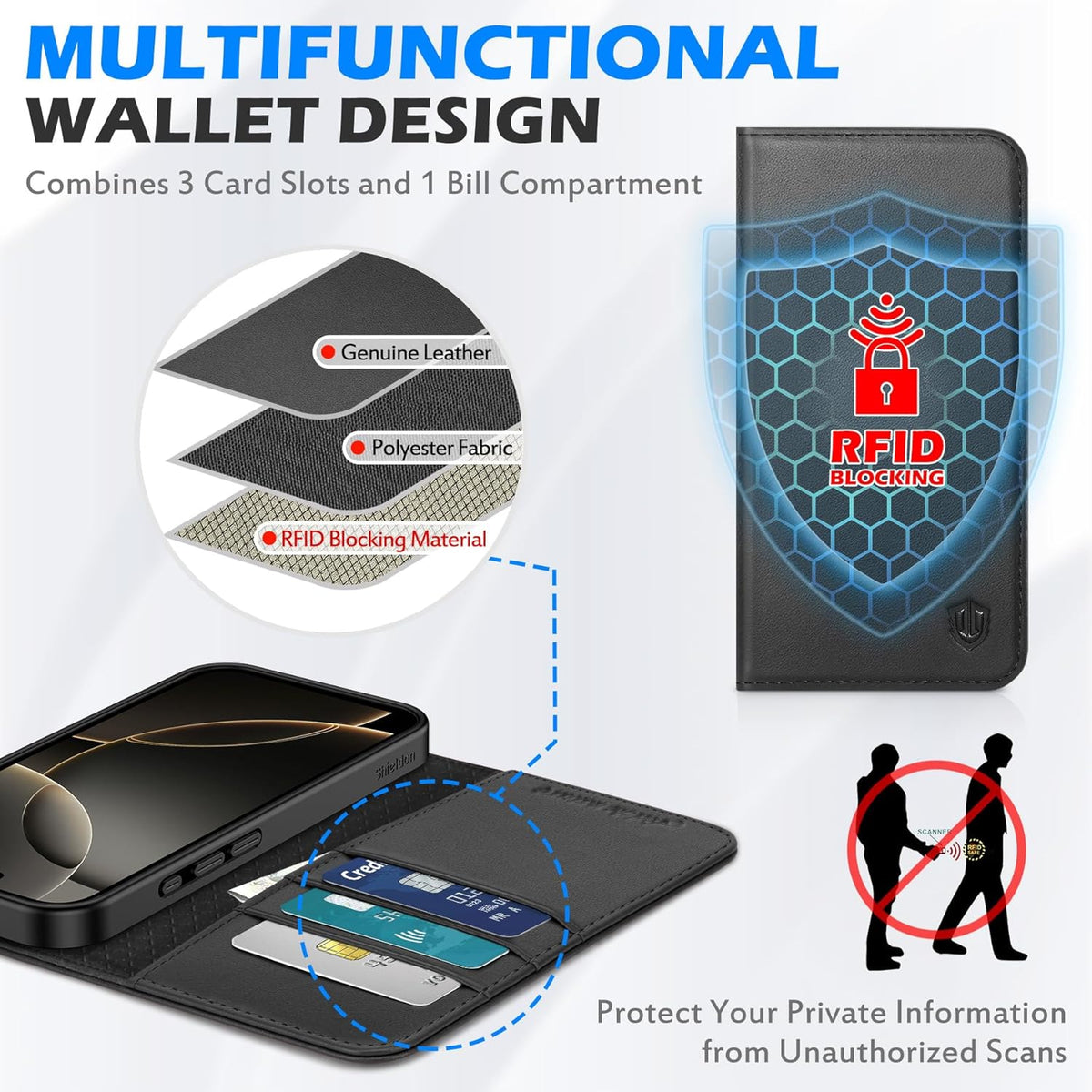 SHIELDON Funda tipo cartera de piel auténtica para iPhone 16 Pro de 6.3
