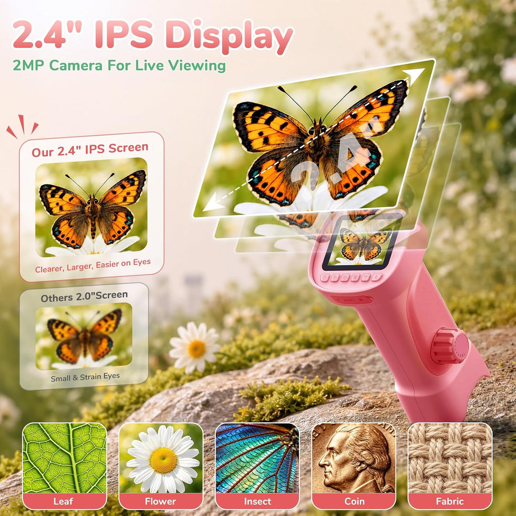 Microscopio digital de mano 1000X para niños con pantalla IPS de 2,4"