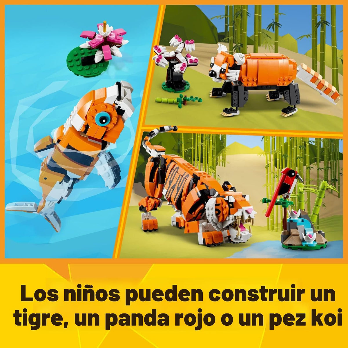 LEGO Creator 31129 - Juego de construcción de tigre majestuoso 3 en 1, se transforma de tigre a panda o pez koi, figuras de animales, juguete de construcción coleccionable, regalos para niños y niñas