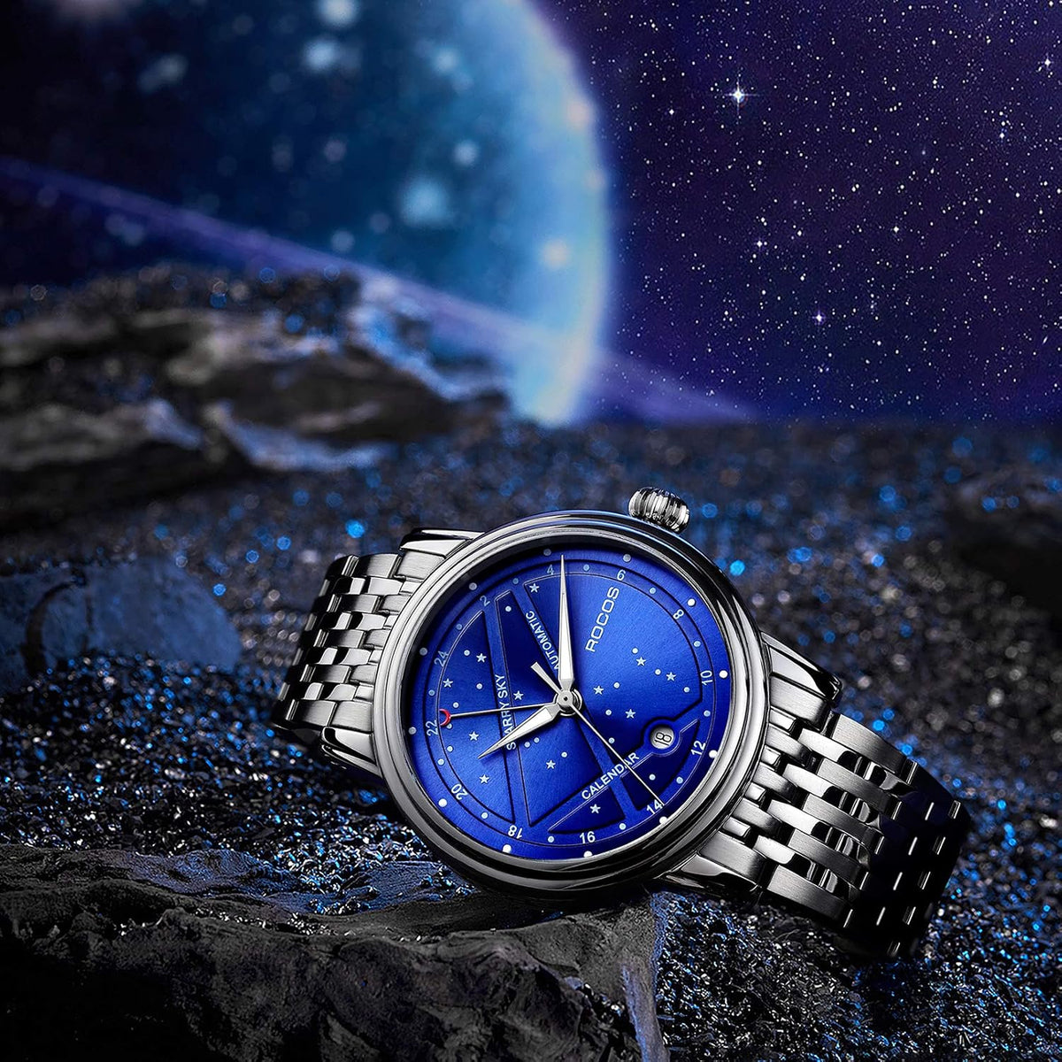 ROCOSJEWE Reloj mecánico automático de lujo para hombre, correa luminosa de acero inoxidable, impermeable, visualización de fecha, relojes de negocios de moda para hombres