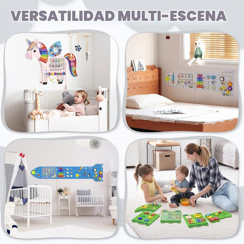 Paneles de pared con actividades de cohete, panel de pared sensorial para niños, tablero de actividades de pared Montessori para niños pequeños, juguetes de pared para niños pequeños de 3 años, cubo de actividades, tablas de madera, blanco y gris (4