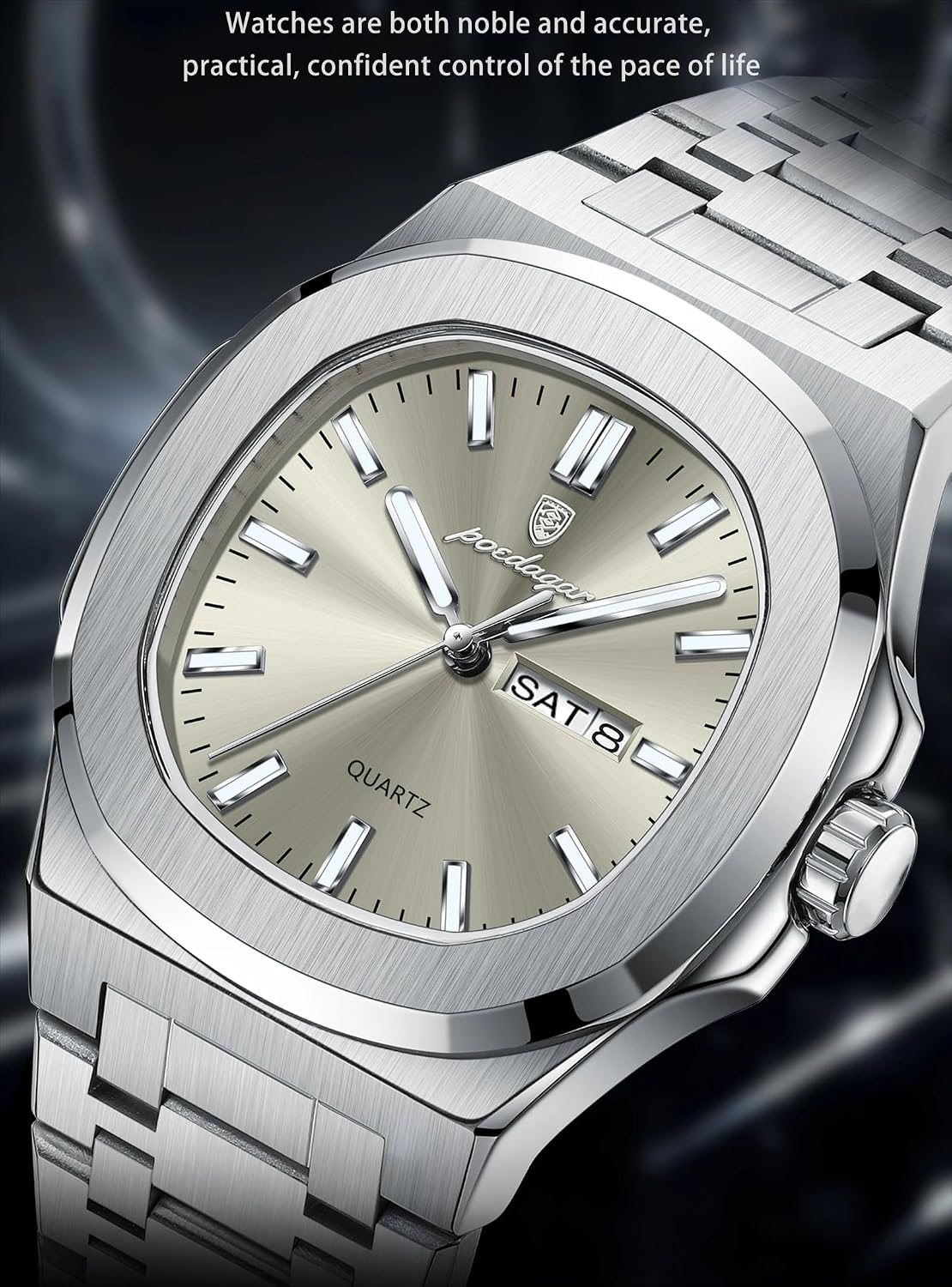 Poedagar Relojes de cuarzo para hombre, de moda, cuadrado, clásico, impermeable, luminoso, fecha, semana, acero inoxidable, reloj de pulsera para hombre