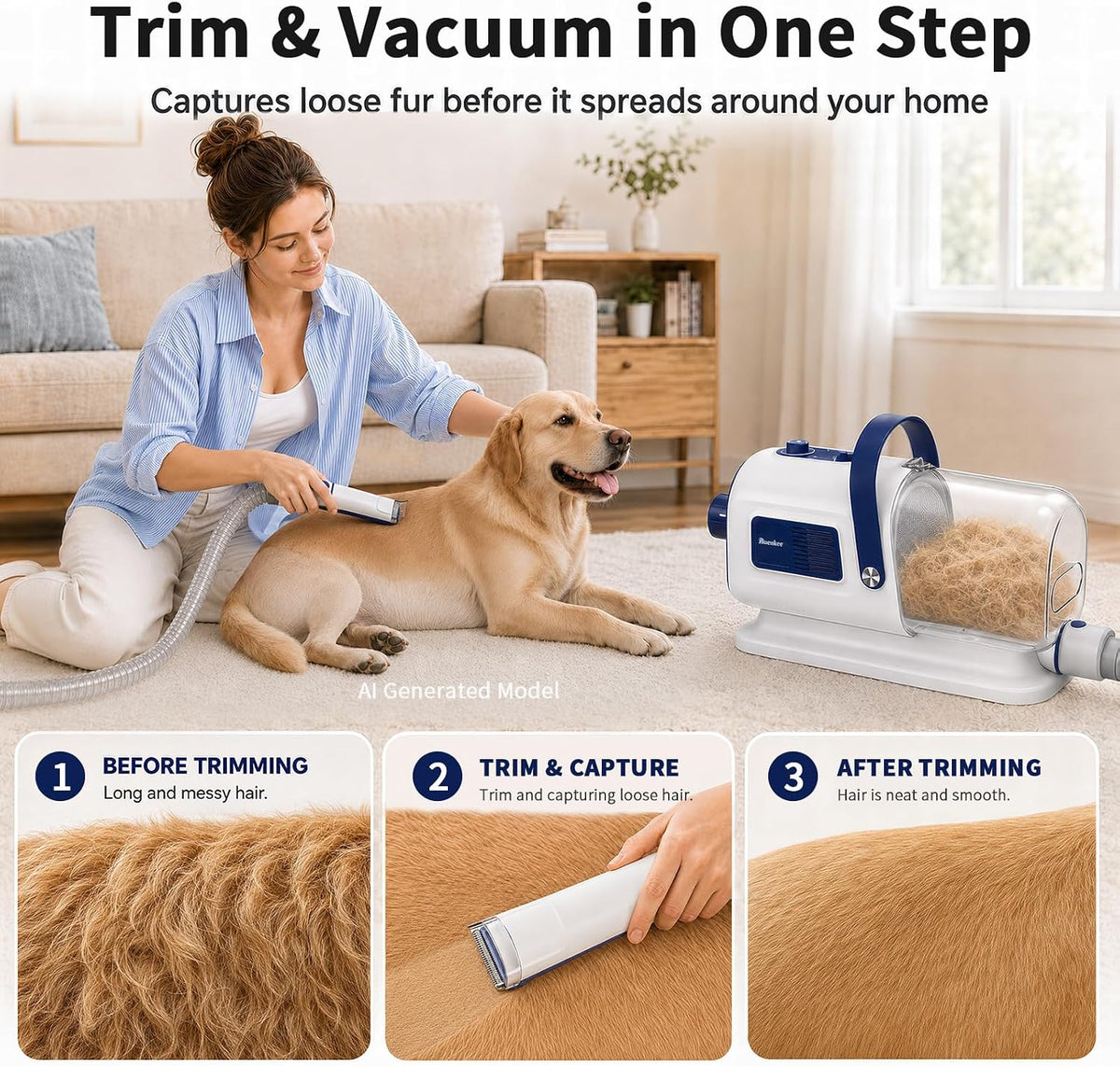 Buenkee Kit de Grooming para Perros: Aspiradora & Secador de Pelo 2 en 1, Cortapelos, Succión de 15000 Pa
