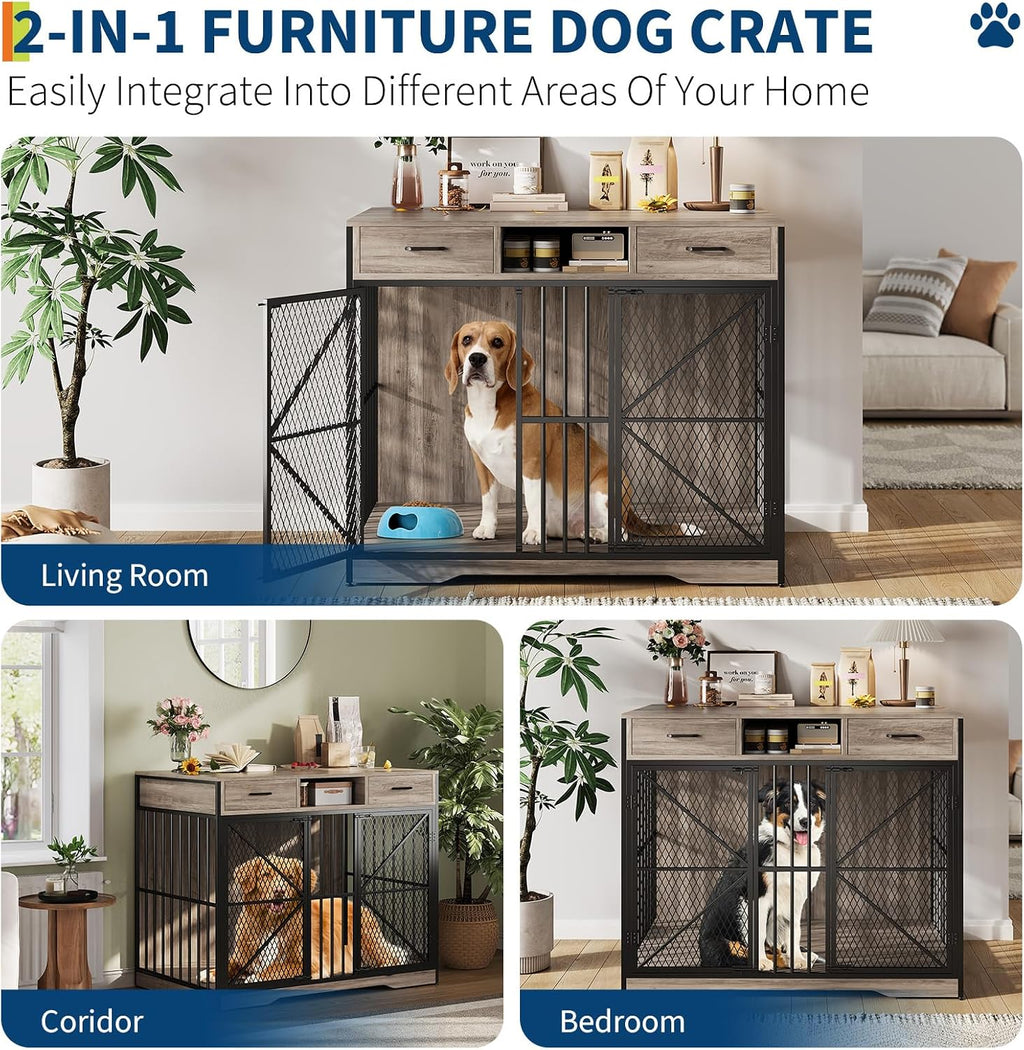 44" Gato de madera para jaula de perro Mesa lateral con cajones de almacenamiento y puertas de cierre doble
