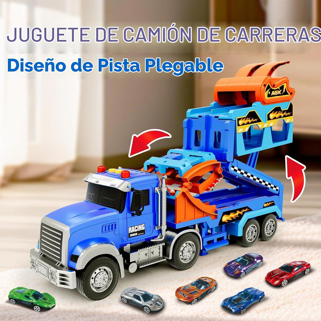 Camiones de juguete para niños de 3 a 5 6 a 8 años, camión transportador de automóviles de juguete con pista de carreras