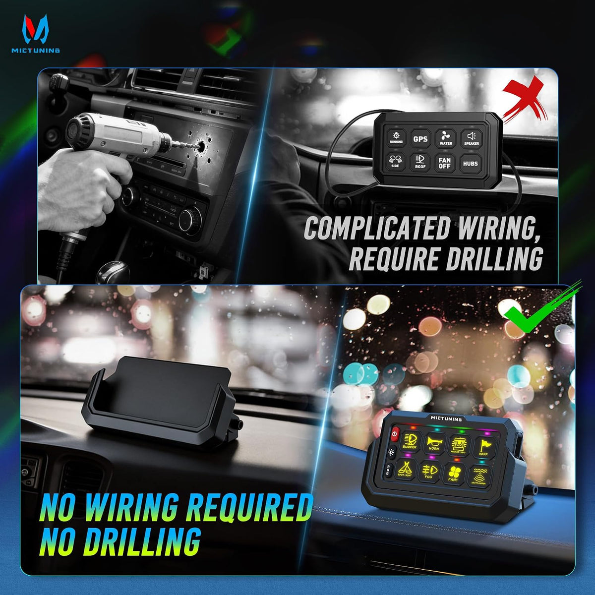 MICTUNING P1s-W Panel de interruptor RGB inalámbrico de 8 cuadras, alcance remoto de 328 pies y 433 MHz