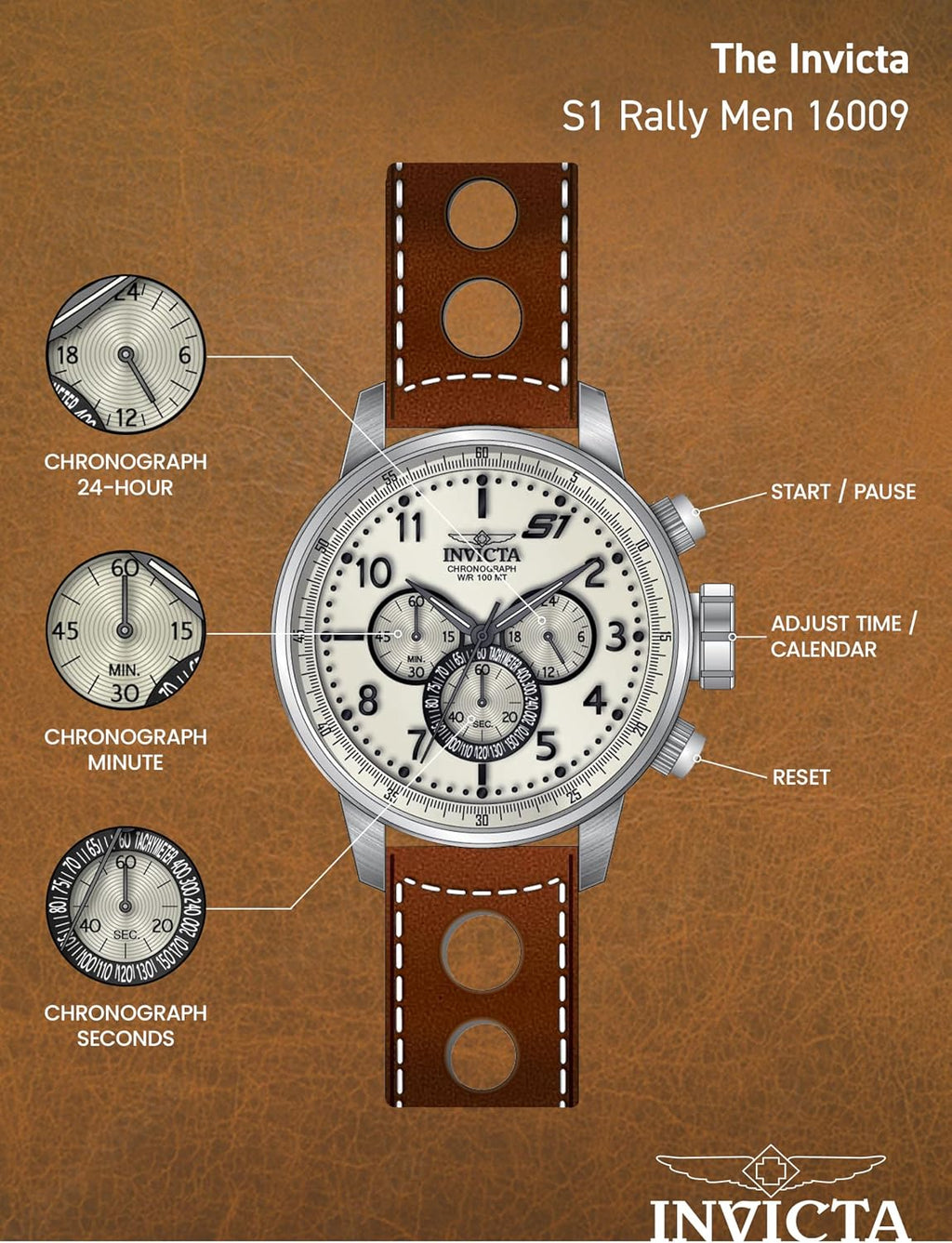 Reloj cronógrafo Invicta Rally S1 para hombre, de acero inoxidable, con correa de cuero marrón