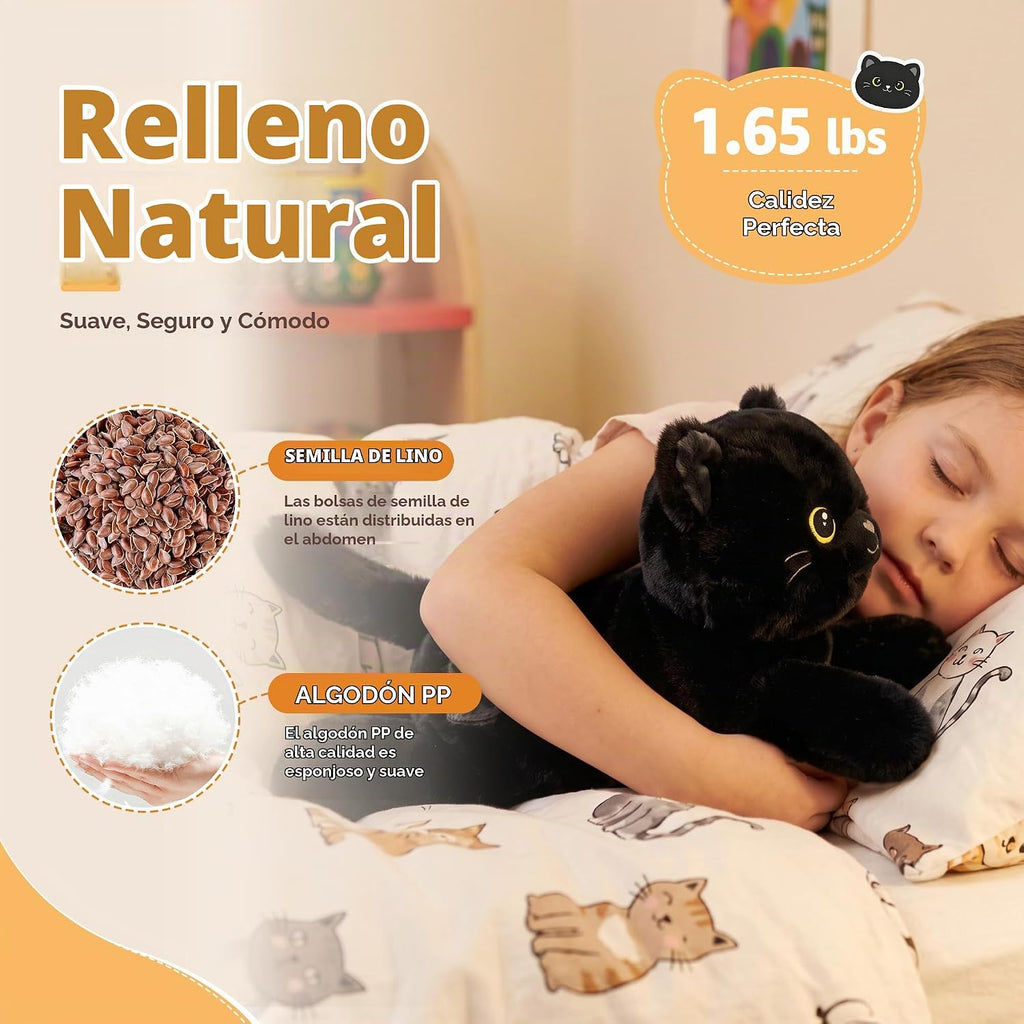 Onsoyours Peluches originales de gato negro calentables y pesados, peluche de gatito de 15 pulgadas para microondas para calidez y comodidad, juguetes de peluche suaves para niños y adultos