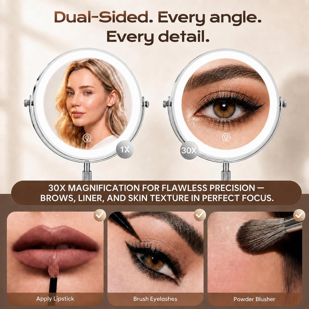 Dienmern Espejo de maquillaje 1X/30X con luces, espejo de tocador con