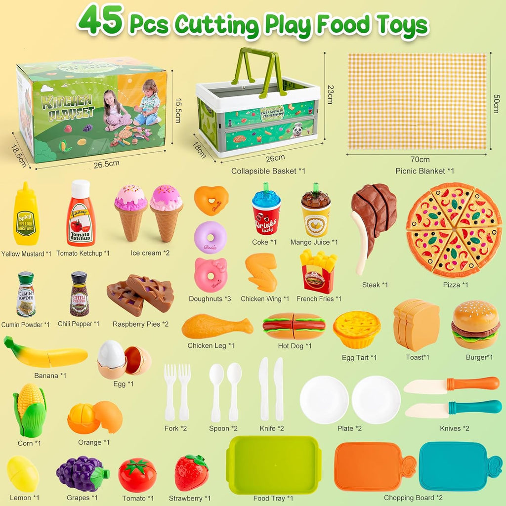 78 piezas de alimentos de juguete para cocina de niños, alimentos de juguete para cortar con canasta de almacenamiento, accesorios de cocina de juguete, juguetes de comida con verduras, frutas, comida