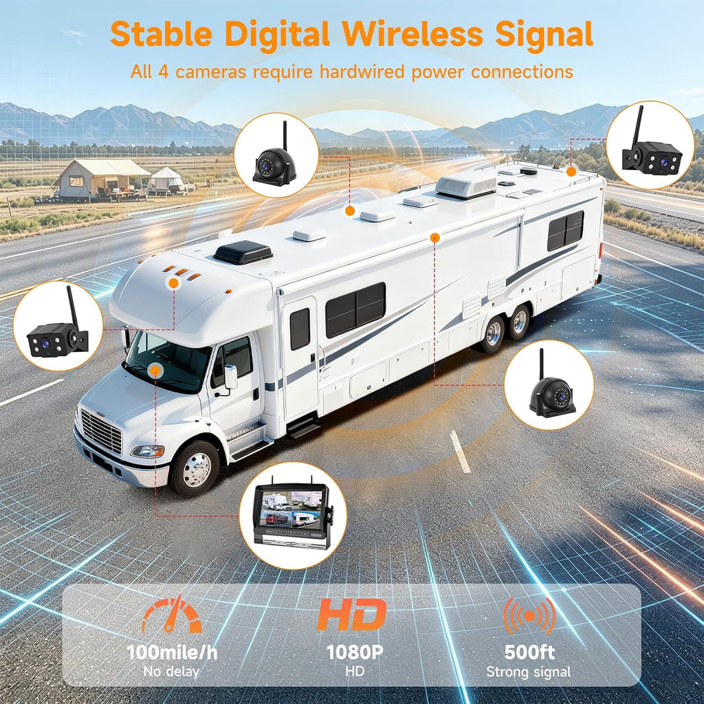 Sistema de cámara inalámbrica 1080P para RV, cámara de respaldo de visión nocturna IP69 impermeable con cámara de visión trasera lateral y monitor HD de 7 pulgadas para RV, camión, remolque, casa