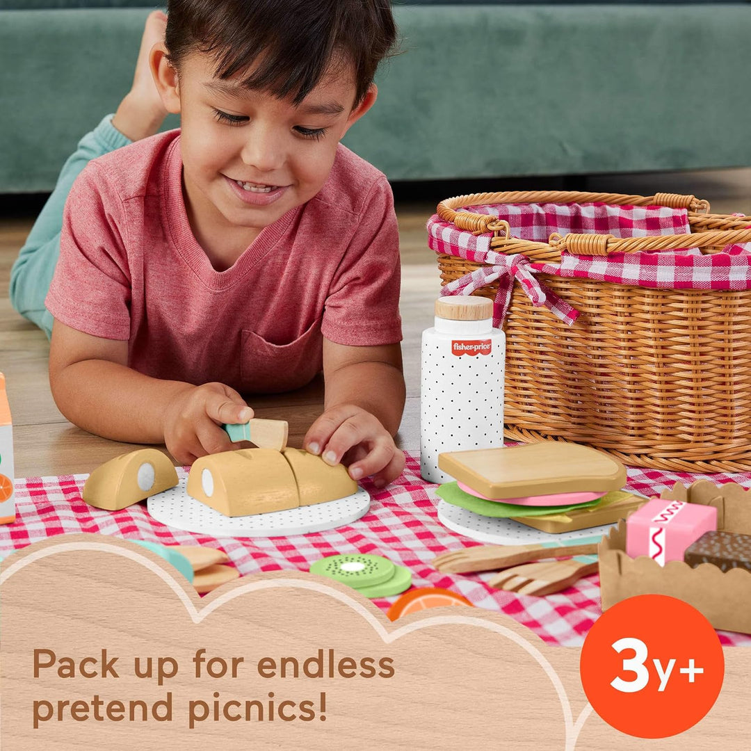 Fisher-Price Cesta de picnic de juguete de simulación de madera, ju...