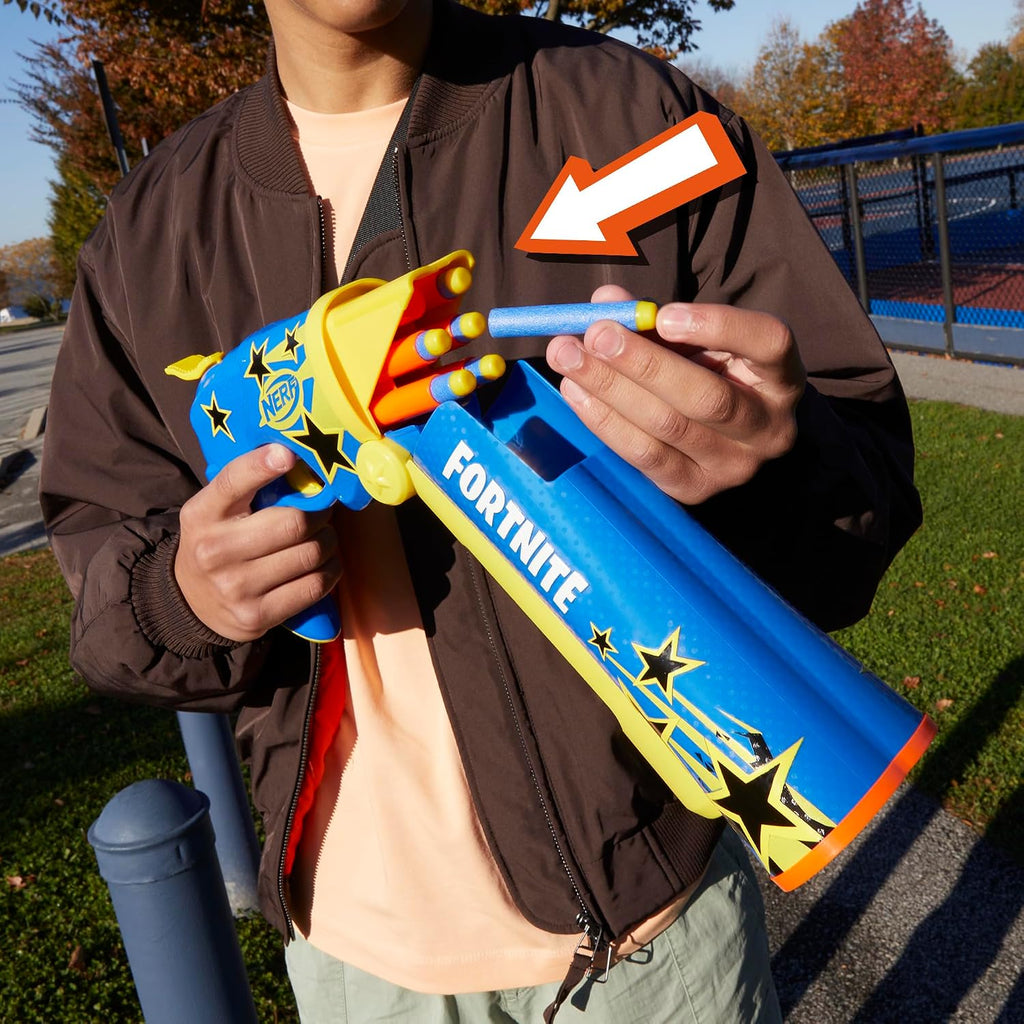 Nerf Fortnite Half Tone Hero Blaster, código de bonificación para desbloquear la envoltura de héroe de medio tono en el juego, carga de ruptura, 12 dardos Nerf Elite, regalos de Fortnite