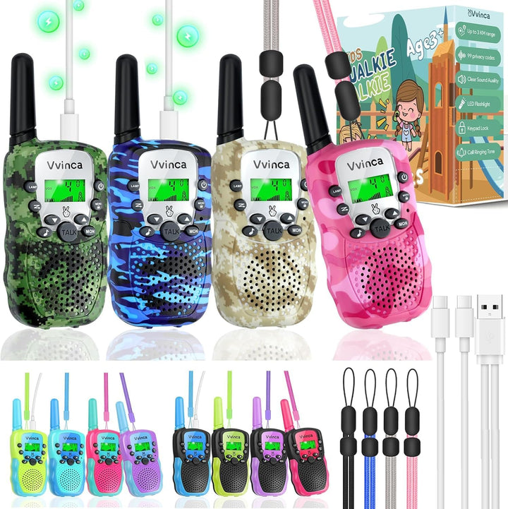 Vvinca Walkie Talkies para niños, paquete de 4 recargables, 3 milla...