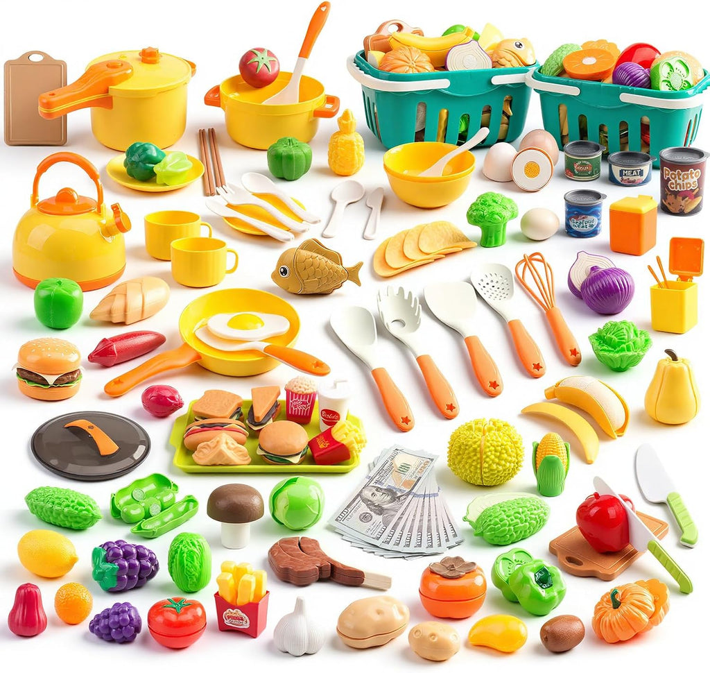 Mini accesorios de cocina de 200 piezas para niños a partir de 3 años, juego de cocina de simulación con utensilios de cocina, vajilla y 2 juegos de frutas, regalo de aprendizaje para niñas y niños, amarillo