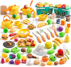 Mini accesorios de cocina de 200 piezas para niños a partir de 3 años, juego de cocina de simulación con utensilios de cocina, vajilla y 2 juegos de frutas, regalo de aprendizaje para niñas y niños, amarillo