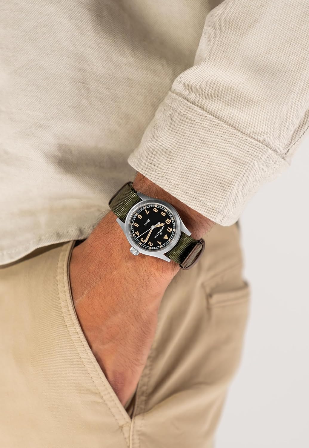 Hamilton Khaki Field Khaki Reloj de cuarzo para hombre, caja de acero