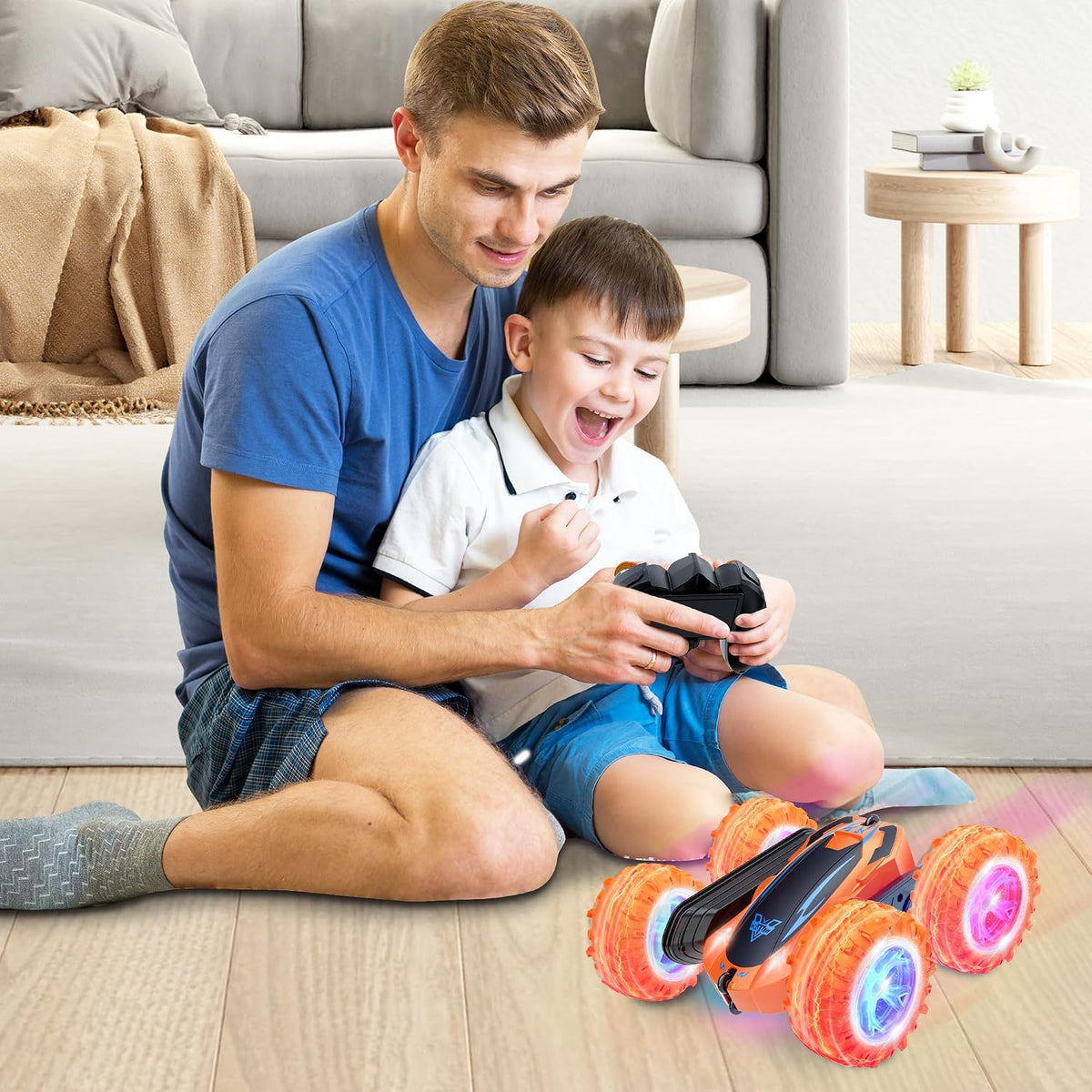 Auto de control remoto, auto eléctrico de carreras y acrobacias de 2.4GHz, rotación giratoria de 360° de doble cara, faros LED RC 4WD de alta velocidad todoterreno, regalo para niños de 3, 4, 5, 6, 7