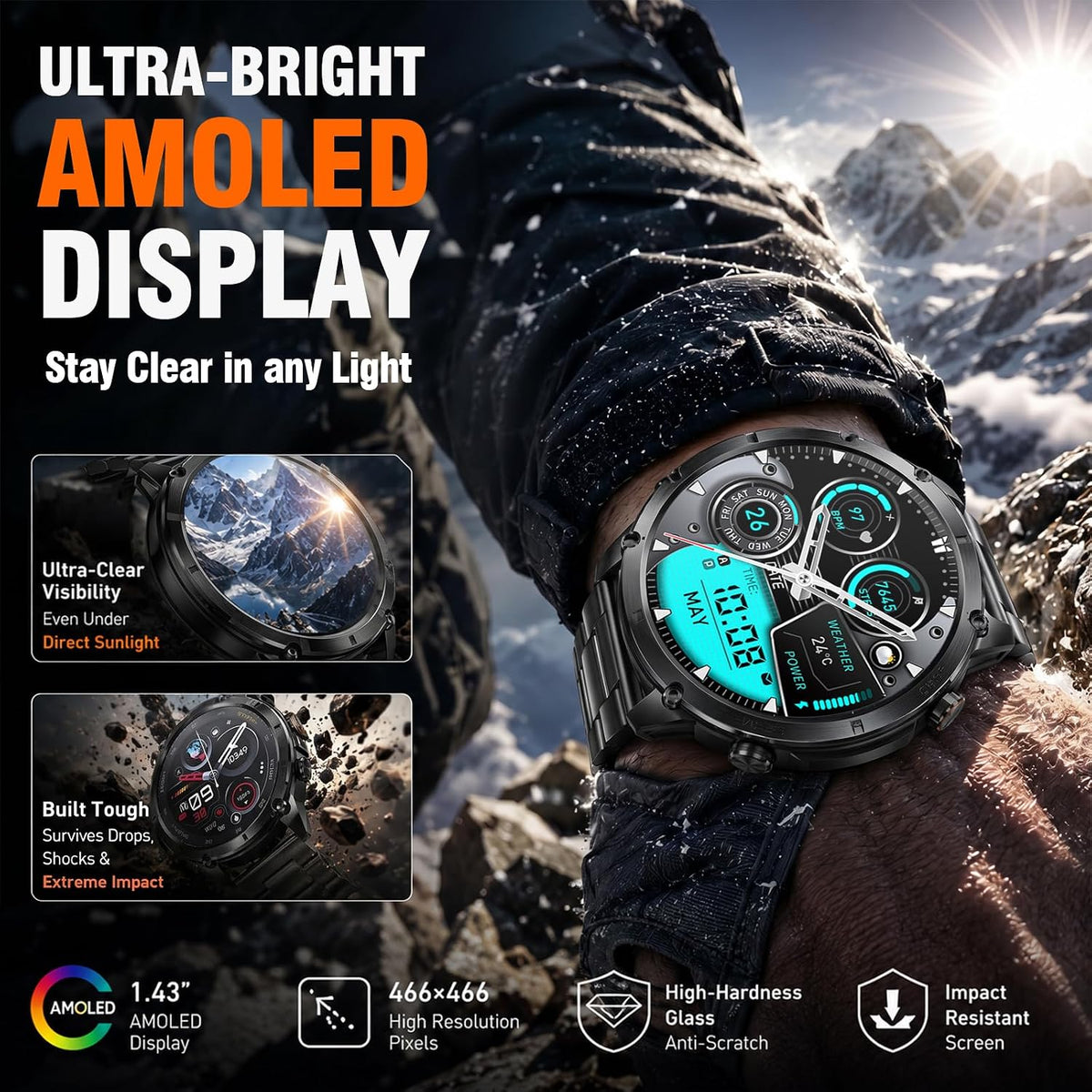 WalkerFit Reloj inteligente resistente para hombre, GPS independiente, rastreador táctico con altímetro, brújula, batería de 550 mAh, AMOLED de 1.43 pulgadas, cuerpo de metal, resistente al agua 5 ATM
