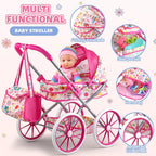 Juego de cochecito de muñeca de bebé para niñas con muñeca de bebé de 12.5 pulgadas, almohada acolchada, silla de comedor, 2 juegos de ropa de muñeca y 24 piezas de accesorios para muñecas, juguetes