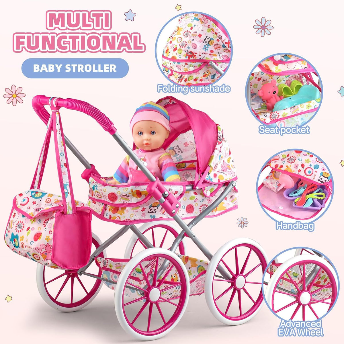 Juego de cochecito de muñeca de bebé para niñas con muñeca de bebé de 12.5 pulgadas, almohada acolchada, silla de comedor, 2 juegos de ropa de muñeca y 24 piezas de accesorios para muñecas, juguetes