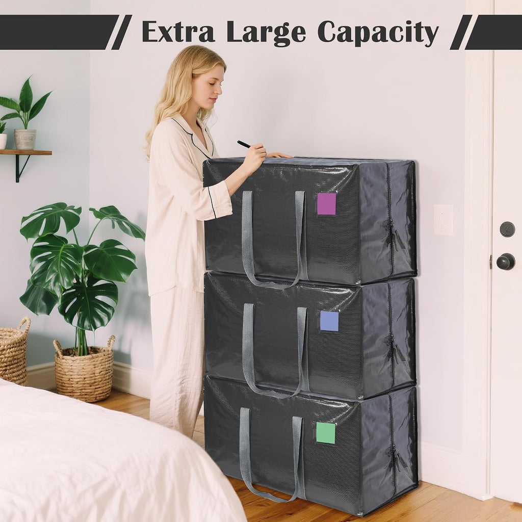 Paquete de 6 bolsas de mudanza con cremallera lateral completamente abierta, extra grandes de 93 L, resistentes al agua, plegables para almacenamiento para dormitorio universitario, mudanza y organización del hogar, color gris