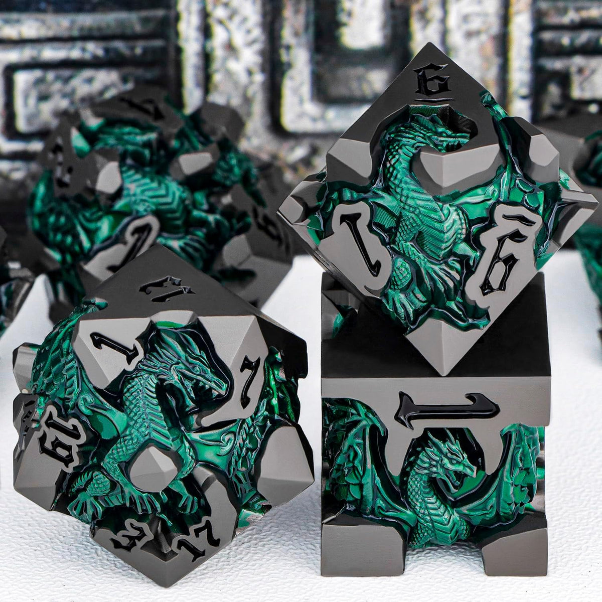 Juego de dados DND de dragones 3D con caja de regalo, dados D y D de metal para uso con juegos de rol D&D, juego de dados poliédricos de mazmorras D20 D12 D10 D8 D6 D4 (negro verde)