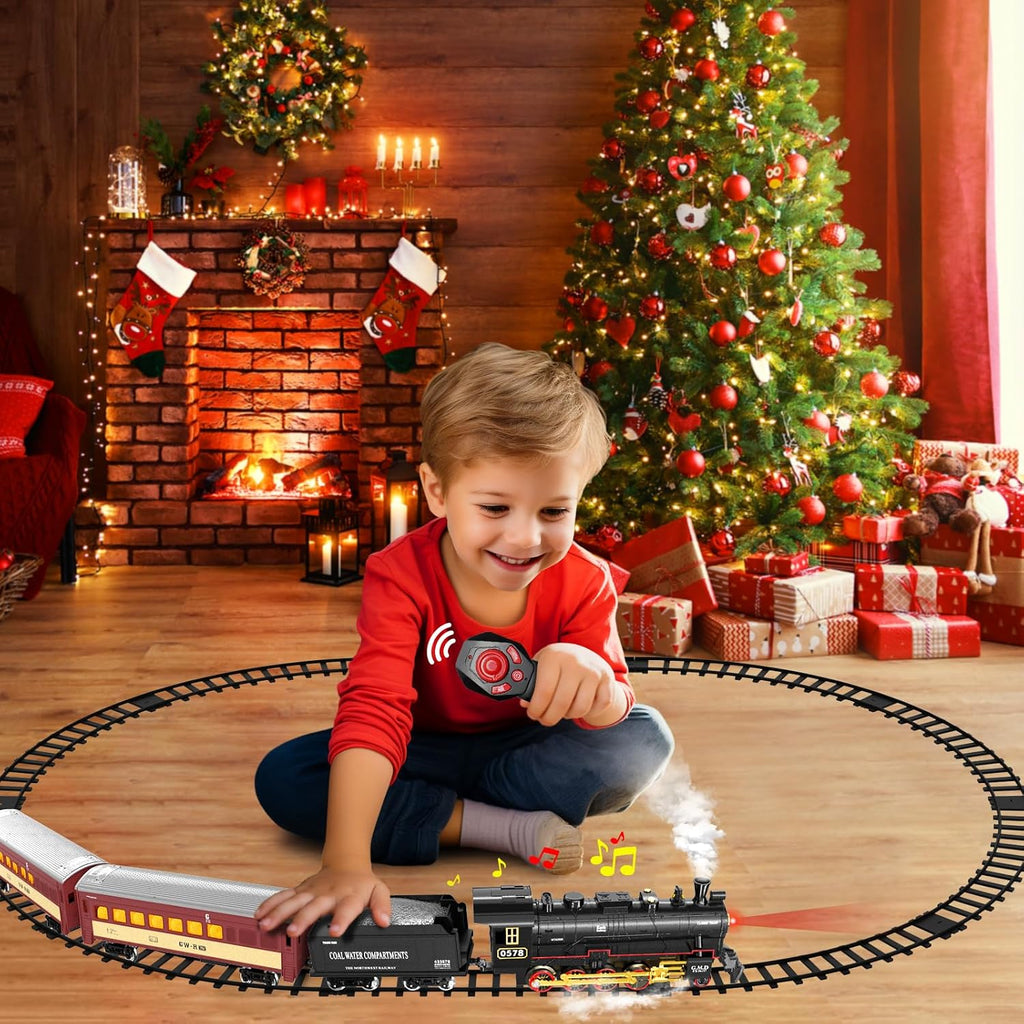 Hot Bee RC Train Set para Kids, Steam Locomotive, Light-Up Cars y Tracks