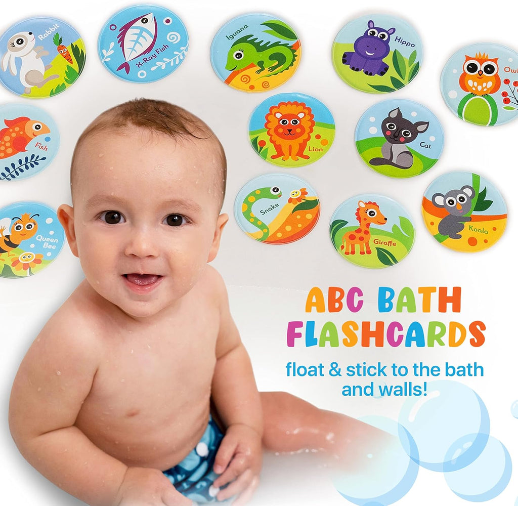 Animales flotantes y tarjetas flash del alfabeto para bañera - Tarjetas didácticas para niños pequeños de preescolar - Juguetes educativos de baño para mayores de 18 meses (juego de 26)