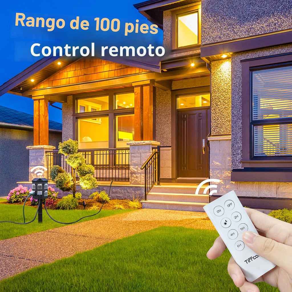 Regleta de alimentación para exteriores con cable de extensión de 25 pies, control remoto de 100 pies, temporizador de luz del atardecer al amanecer, impermeable, 6 tomas de tierra para patio
