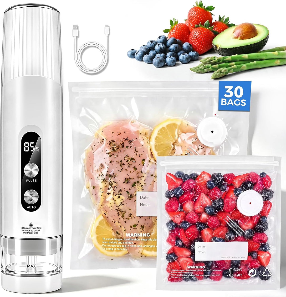 Selladora de Al vacío de Manos Compacta con 30 Bolsas de Almacenamiento Reutilizables