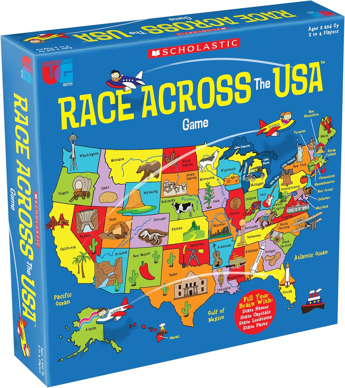 University Games, Scholastic Race Across the USA Juego de Mesa, Juego de Aprendizaje de Geografía para Niños y Familias, para 2 a 4 Jugadores a partir de 8 Años en Adelante