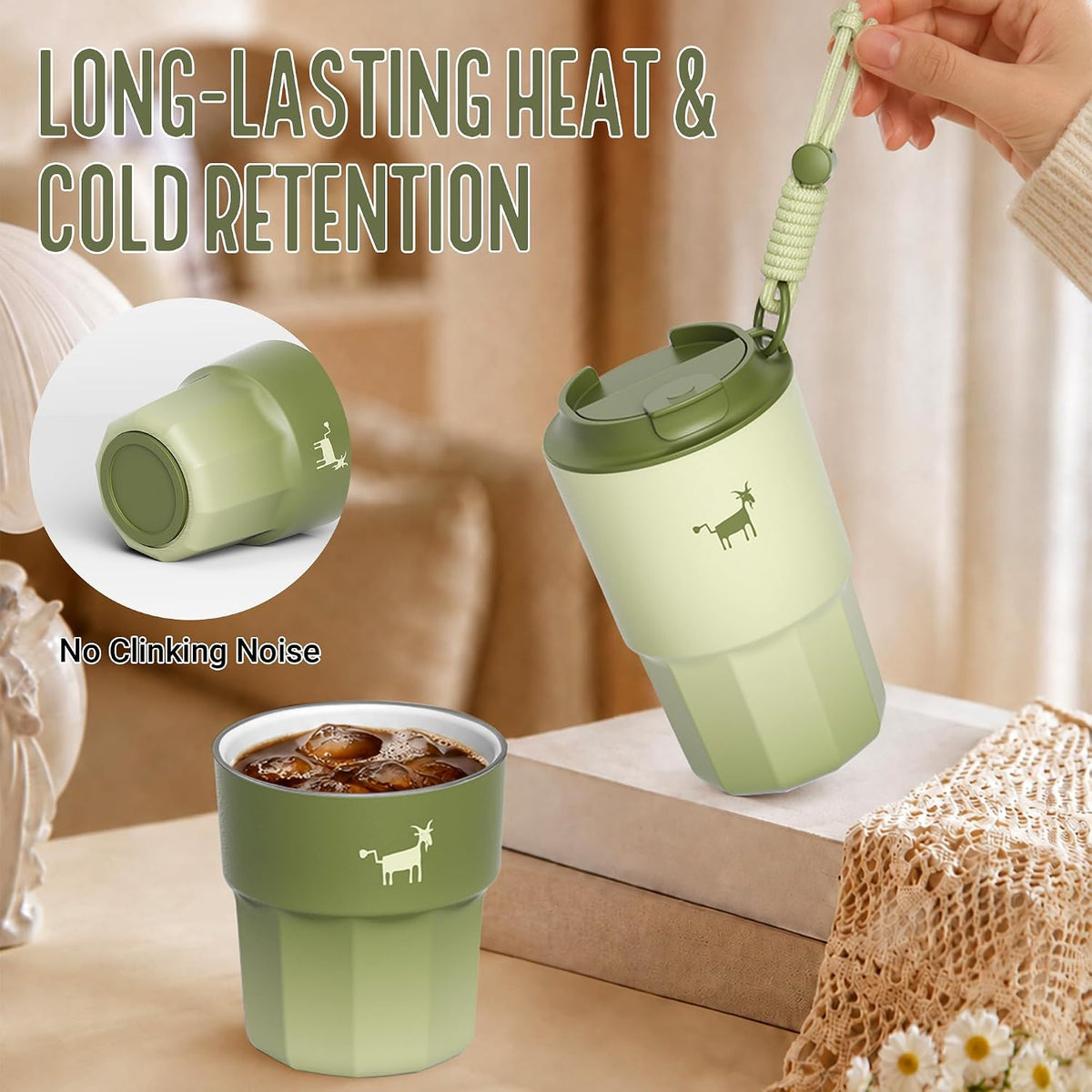 CHEERFUL GOAT Taza de café con forro de cerámica, vaso aislado de viaje de acero inoxidable con forro de cerámica, con tapa, taza a prueba de fugas de 10 onzas para café con agua caliente y fría en