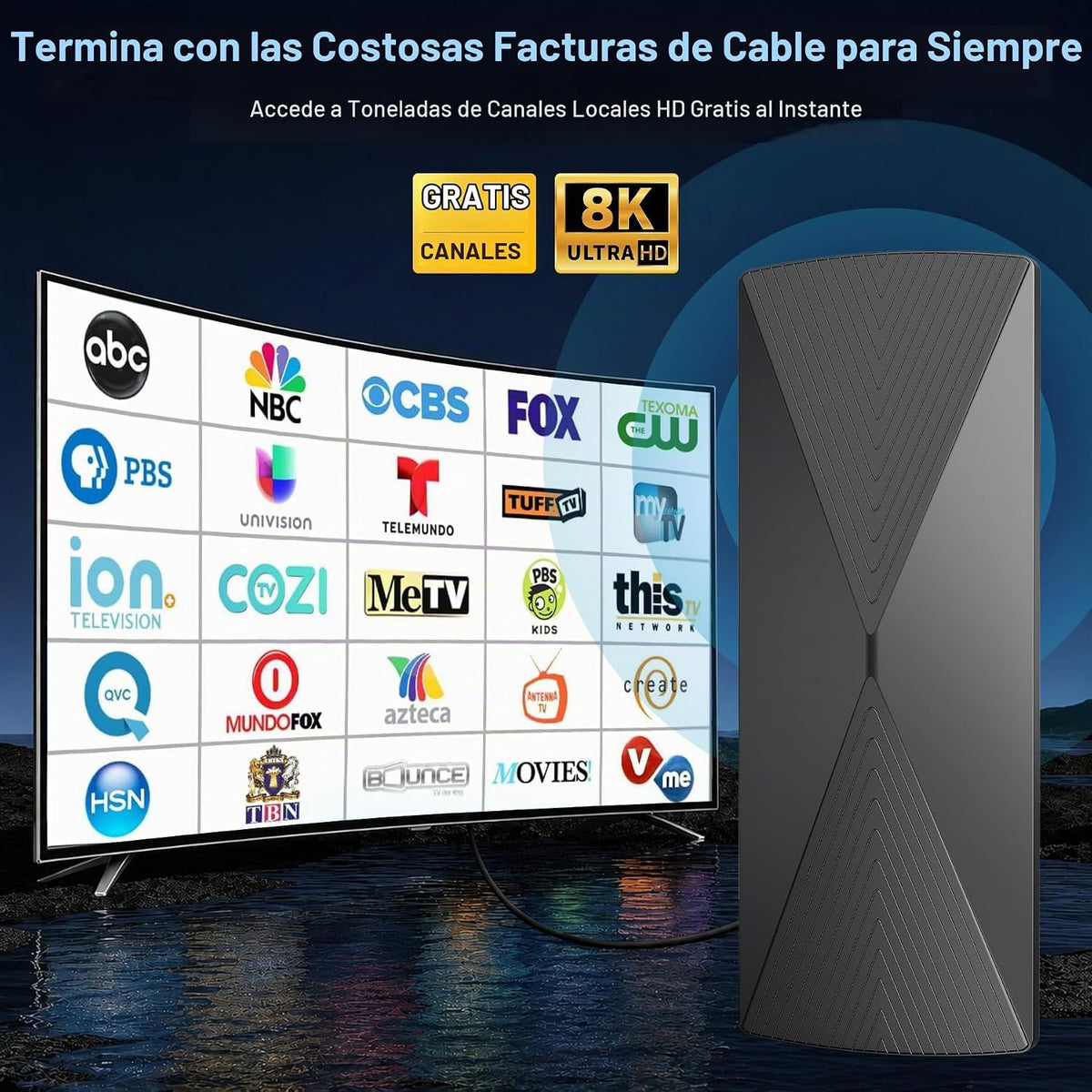 Antena de TV 2026 para interiores, cable de 33 pies 8K 4K 1080p canales locales, recepción de más de 5000 millas, portátil resistente a la intemperie