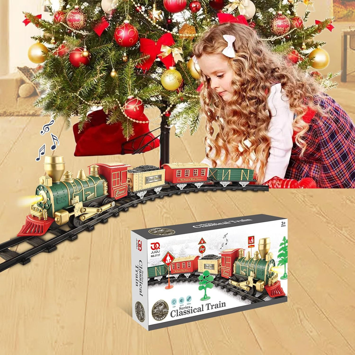 Juego de tren eléctrico para niños de 3 a 8 años, tren de juguete a pilas con luces y sonidos, 3 autos y 10 pistas para Navidad y juego durante todo el año