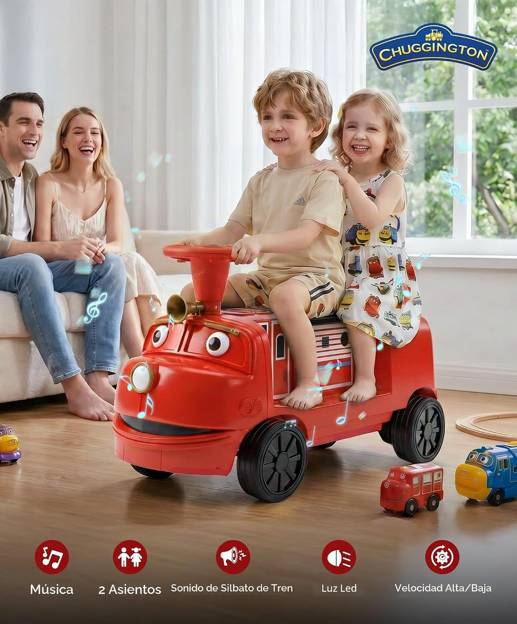 Chuggington - Tren de 2 plazas sin rieles, con licencia de 12 V, para niños de 3 años en adelante, con espacio de almacenamiento, silbato, LED, música, 2 velocidades máximas, 150 libras, rojo