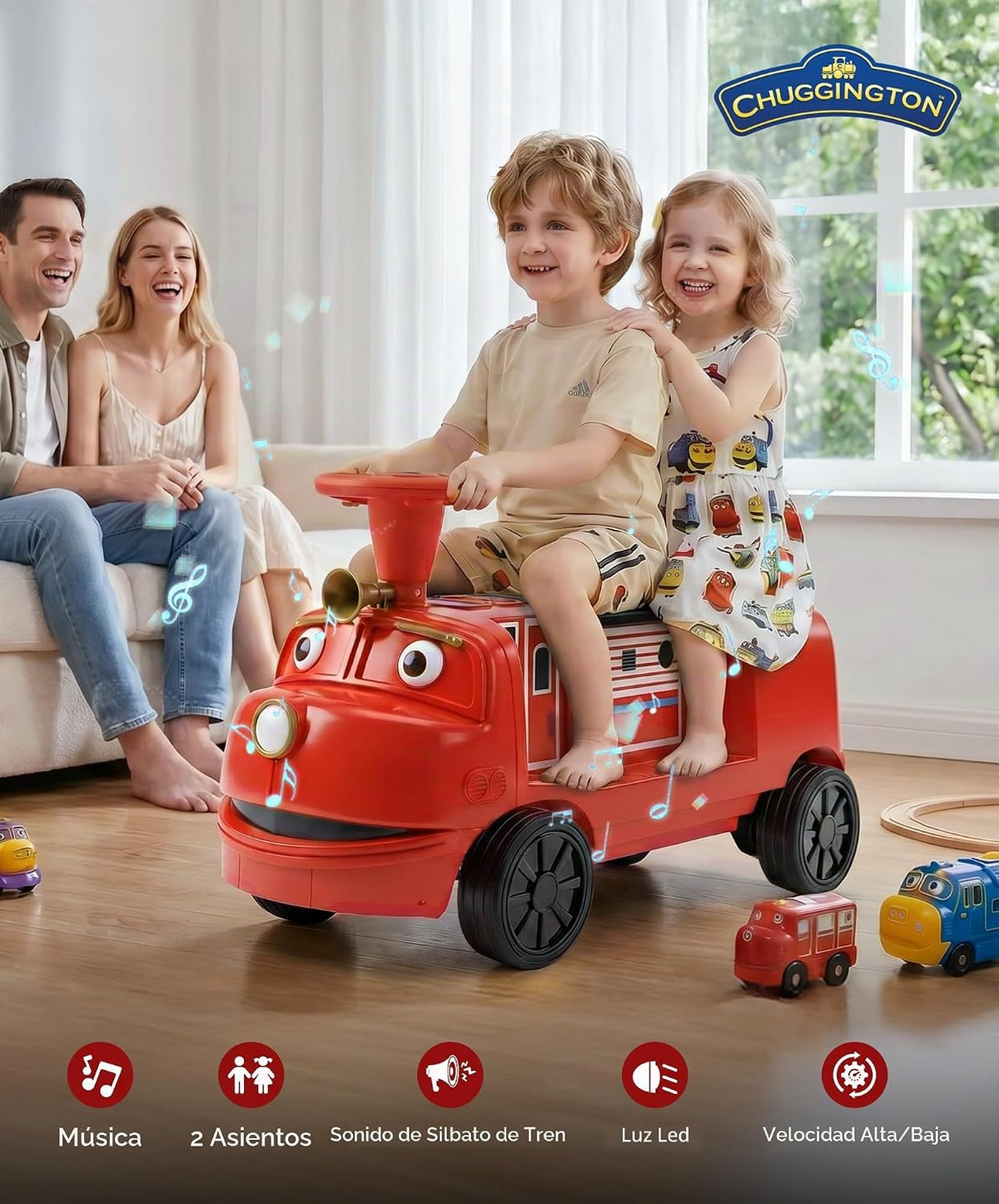 Chuggington - Tren de 2 plazas sin rieles, con licencia de 12 V, para niños de 3 años en adelante, con espacio de almacenamiento, silbato, LED, música, 2 velocidades máximas, 150 libras, rojo