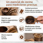 Juego de 8 tazas y cucharas medidoras de madera, madera de acacia maciza con medidas grabadas, utensilios de cocina apilables para cocinar con precisión, hornear y preparar alimentos, ideal para