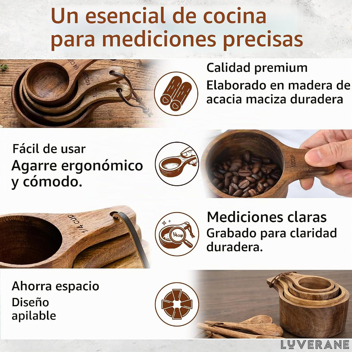 Juego de 8 tazas y cucharas medidoras de madera, madera de acacia maciza con medidas grabadas, utensilios de cocina apilables para cocinar con precisión, hornear y preparar alimentos, ideal para