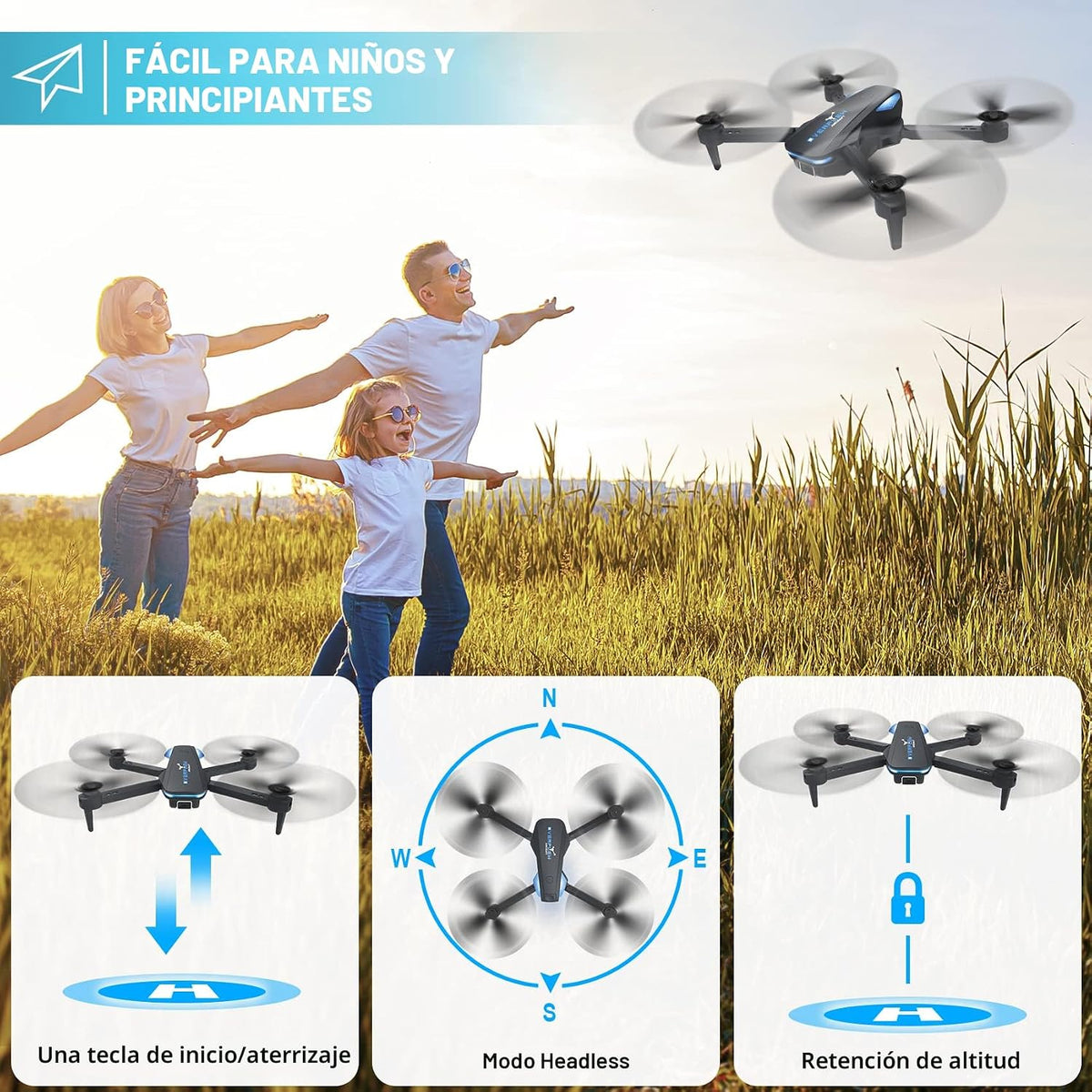 Dron con cámara de 1080P para principiantes y adultos, cuadricóptero plegable con control remoto y control de voz, opción de gestos para tomar selfies, control de altitud, inicio con una tecla