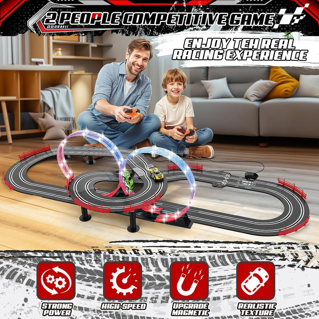 Juego de pista de carreras de ranura 3 en 1 con 4 coches de ranura de alta velocidad, pista de carreras eléctrica que incluye pistas de destello de paso elevado circular, juguetes de regalo de juego