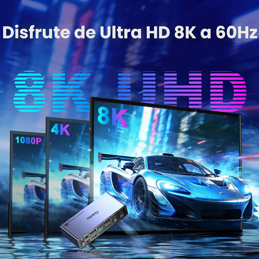 Interruptor KVM USB C de 8K a 60Hz, 2 monitores, 2 computadoras, interruptor KVM de monitor dual para escritorio y laptop, 4K a 144Hz DP+HDMI DisplayPort, 4 puertos USB 3.0, carga PD de 100 W