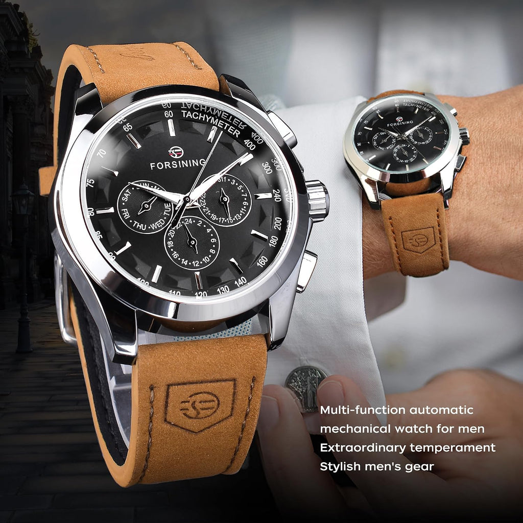 FORSINING Reloj deportivo transparente para hombre, correa de cuero genuino de lujo, reloj esqueleto mecánico automático de moda para hombre