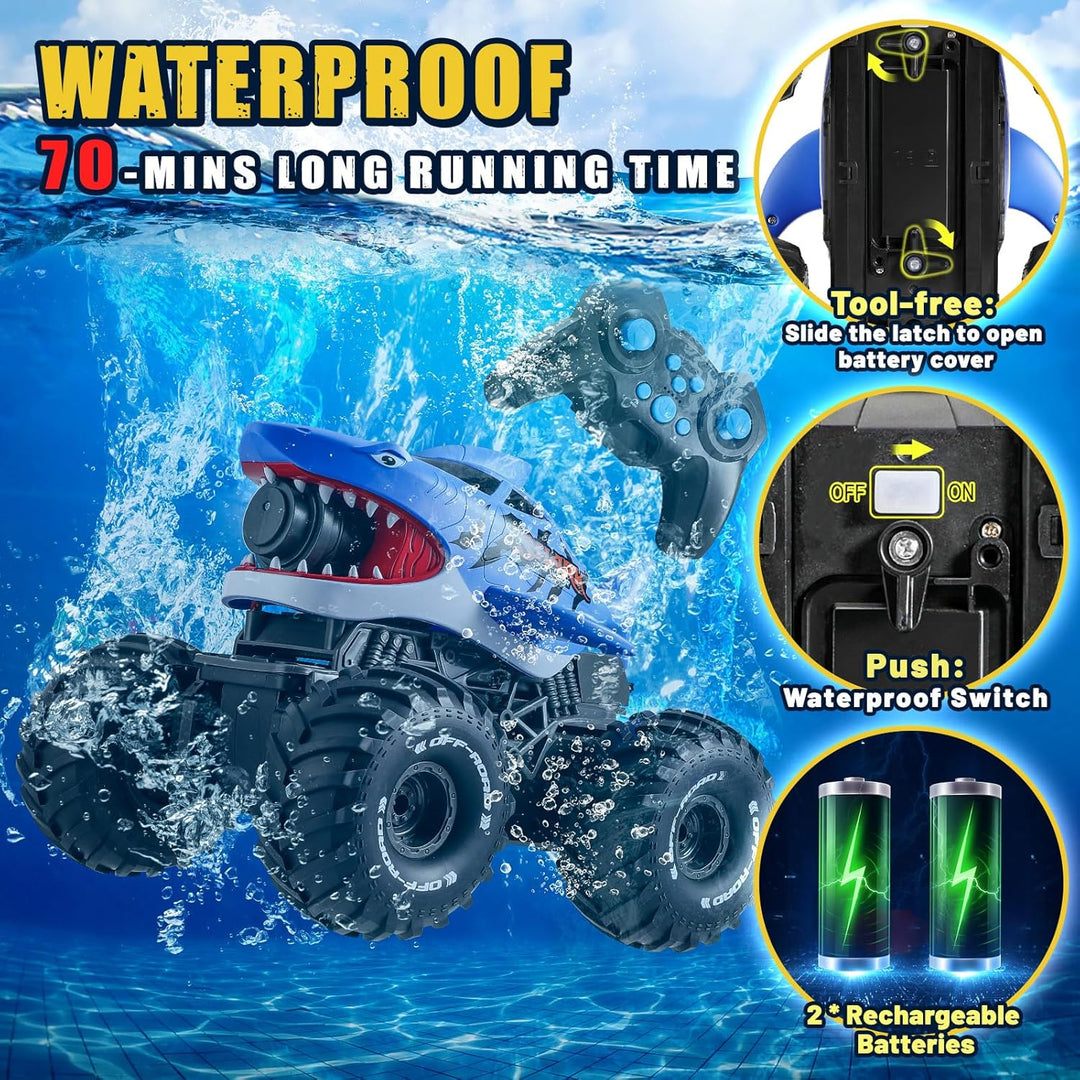 BOBXIN Camión monstruo de tiburón con control remoto anfibio, 4WD t...